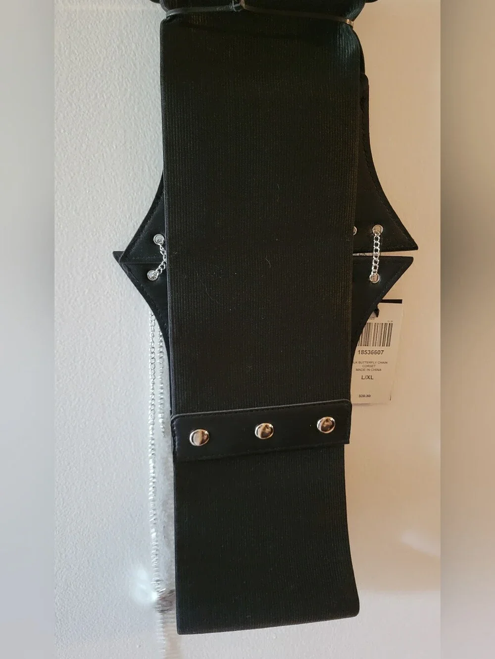 Hot Topic Black Elastic Waist Belt with Silver Butterfly Chain Accent